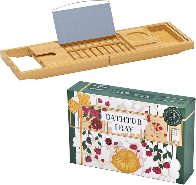 Sen Yi Bao Luxury Bamboo Bathtub Tray - Wooden Expandable Caddy with Book, Tablet, Wine Holder - Gift Idea