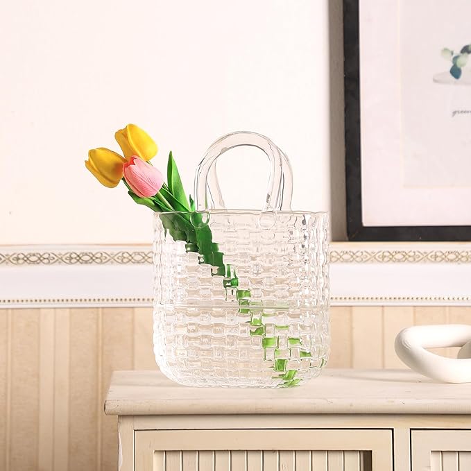 Glass Purse Vase, Purse Vase for Flowers, Unique Purse Flower Vase, Large Glass Bag Vases, 10 Inch Handbag Shaped Vases for Home, Living Room, Bedroom, Table, Office Decor