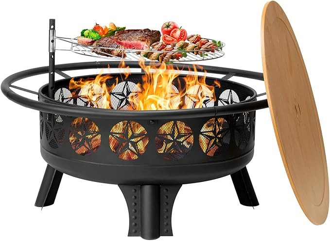 Verdeluxe 38” Wood Burning Fire Pits for Outside,3-in-1 Fire Pit with Grill, Spark Screen & Fire Poker,Outdoor Firepit Table with Swivel Cooking Grate for Yard BBQ Bonfire Patio Camping (38 inch)