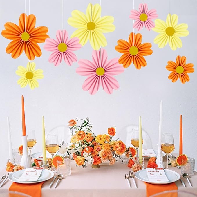YUNXUAN Pink and Orange Party Decorations Paper Fan Paper Flowers Decorations for Wall Floral Backdrop Classroom Baby Shower Birthday Flower Wall Decor Pack of 9 Pink Orange