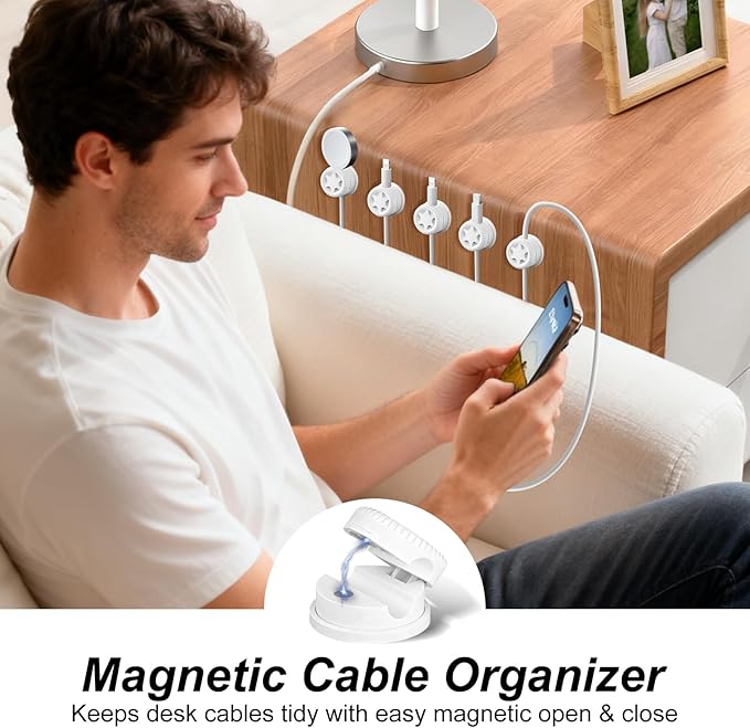 6 Pack Cord Organizer Magnetic Cable Clips, 360° Rotation Cable Clips - Adjustable Cord Holder for Nightstand, Adhesive Cable Management Cord Clips, Cable Holder & Charger Organizer（White