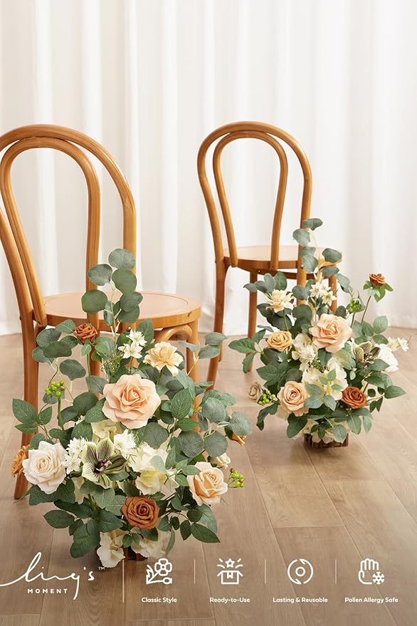 Ling's moment 17.5" Tall Standing Artificial Flowers Arrangements 2 pcs Wedding Aisle Runner Chair Decorations Apricot & Soft Peach Centerpieces for Ceremony Reception Rose Floral Party Outdoor