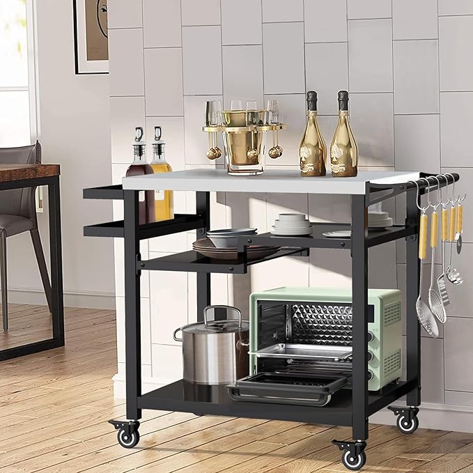 MEXMIODY Outdoor Grill Table, Multi-Function Pizza Oven Stand, Three-Shelf Food Prep and Work Cart Table, Heavy Duty Grill Cart for Party, Bar, Camping