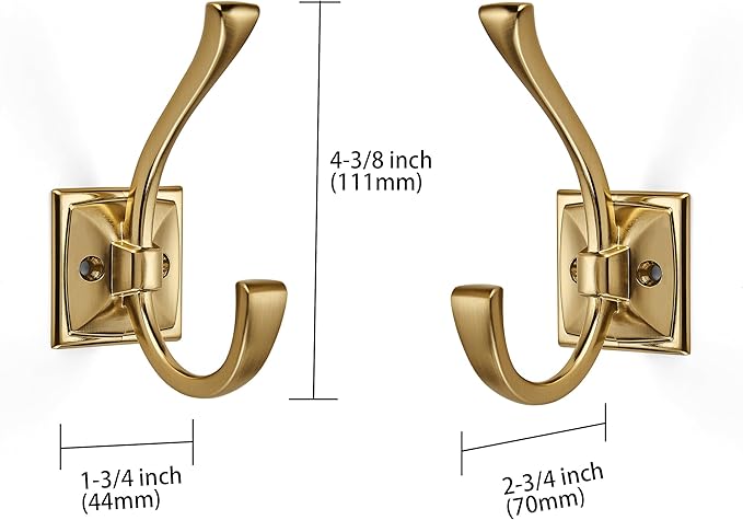 Large Wall Hooks 10 Pack - Brushed Gold Coat Hooks Hardware for Hanging Coats, Towels, Robes, Bags, Cups, Hats - Wall Mounted with Screws