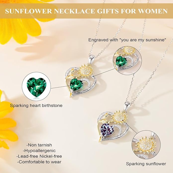Iefil Christmas Gifts for Women Wife - Sunflower Birthstone Necklace for Women, Anniversary Birthday Gifts 925 Sterling Silver Heart Pendant You Are My Sunshine Jewelry for Girlfriend Mom Daughter