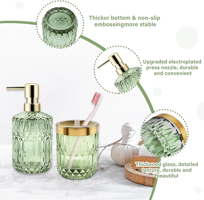 2Pcs Green Bathroom Accessories Set, Glass Bathroom Accessories, Vintage Bathroom Countertop Decoration Includes Soap Dispenser, Toothbrush Holder