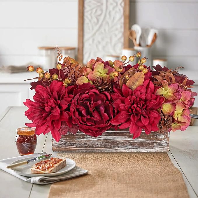 DILATATA Fall Decor Autumn Harvest Floral Centerpiece with Artificial Peony Chrysanthemum Hydrangea Flowers Berries Arrangement for Thanksgiving Party Mantel Fall Decor