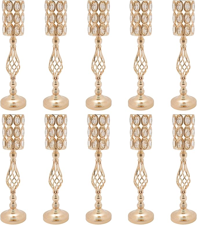 10 PCS Gold Wedding Centerpiece Vases, 24.02in Metal Crystal Wedding Centerpiece Vases, Crystal Metal Flower Vase Stand, for Wedding Party Reception, Dining Room Living Room Décor