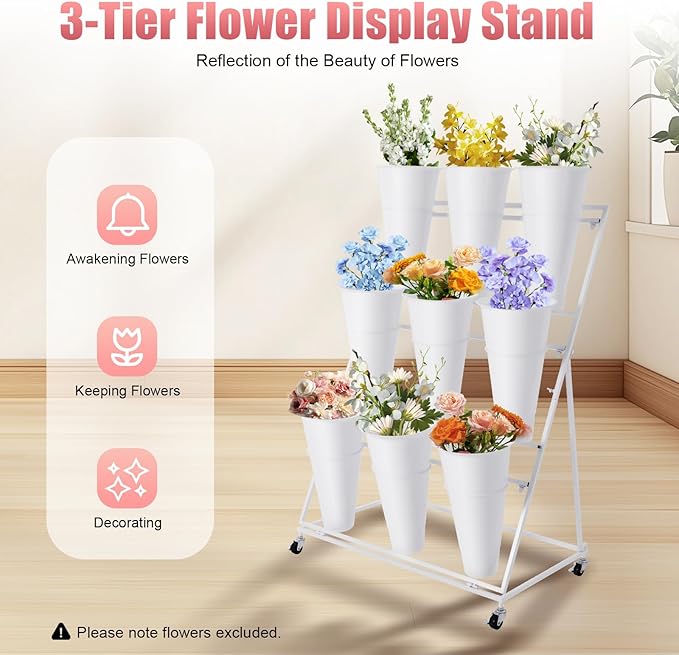 3 Tier Metal Plant Stand with 9 Buckets, Wheels, Heavy Duty Flower Cart for Indoor/Outdoor, Garden, Florist