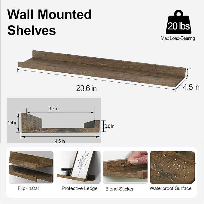 Floating Shelves for Wall Decor, Long Wall Mounted Storage Shelf for Bedroom, Living Room, Bathroom, Kitchen, Nursery, Rustic Display Picture Ledge Shelf with Lip Set of 2-24 Inches, Brown