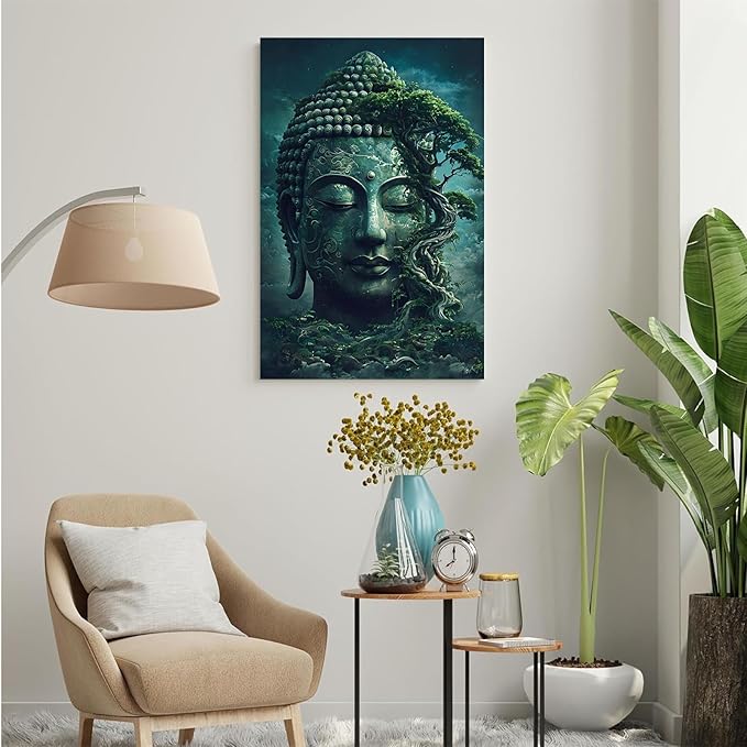 Buddha statue wall art canvas wall decor aesthetic picture mystical nature art for tranquil home and spiritual space 20x30in Frameless