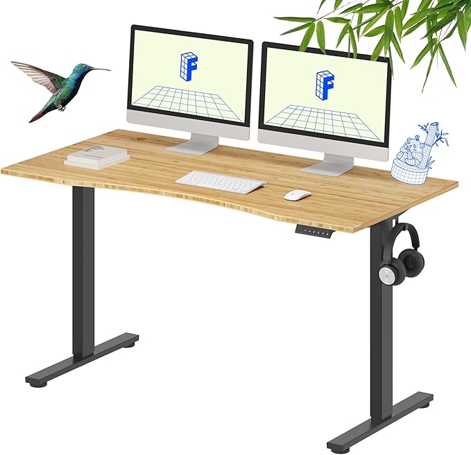 FLEXISPOT EN1 Bamboo Standing Desk, 55 x 28 Inches One-Piece Electric Adjustable Height Sit Stand Table, Home Office Stand Up Desk (Black Frame + Bamboo Curved Desktop, 2 Packages)