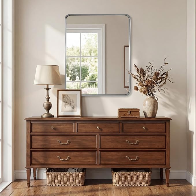 ANDY STAR 24x30'' Brushed Nickel Bathroom Vanity Mirror Over Sinks, Rounded Rectangle Bathroom Wall Mirror in 1'' Seamless Tube Metal Frame,SUS304-Anti-Rust, Wall-Mounted Horizontal/Vertical
