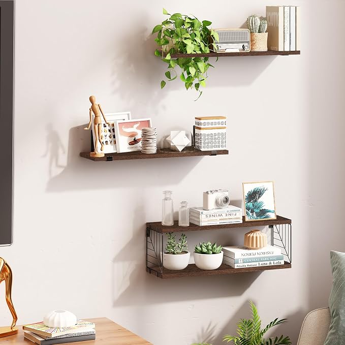 Fixwal Bathroom Floating Shelves Over Toilet, 15.8in Farmhouse Rustic Wood Shelves, Wall Decor for Bathroom, Living Room, Bedroom and Kitchen (3 Plus 1 Tier Dark Brown)