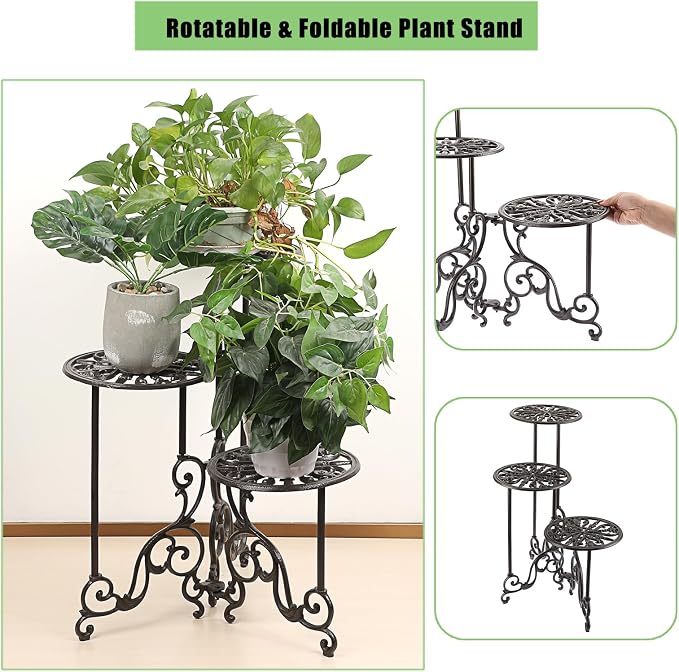 OwnMy 3 Tier Heavy Duty Cast Iron Plant Stand Foldable Wrought Iron Flower Pot Holder, Indoor Outdoor Tall Plant Stand Shelf for Garden Patio, Decorative Round Metal Plant Display Rack, Retro Brown