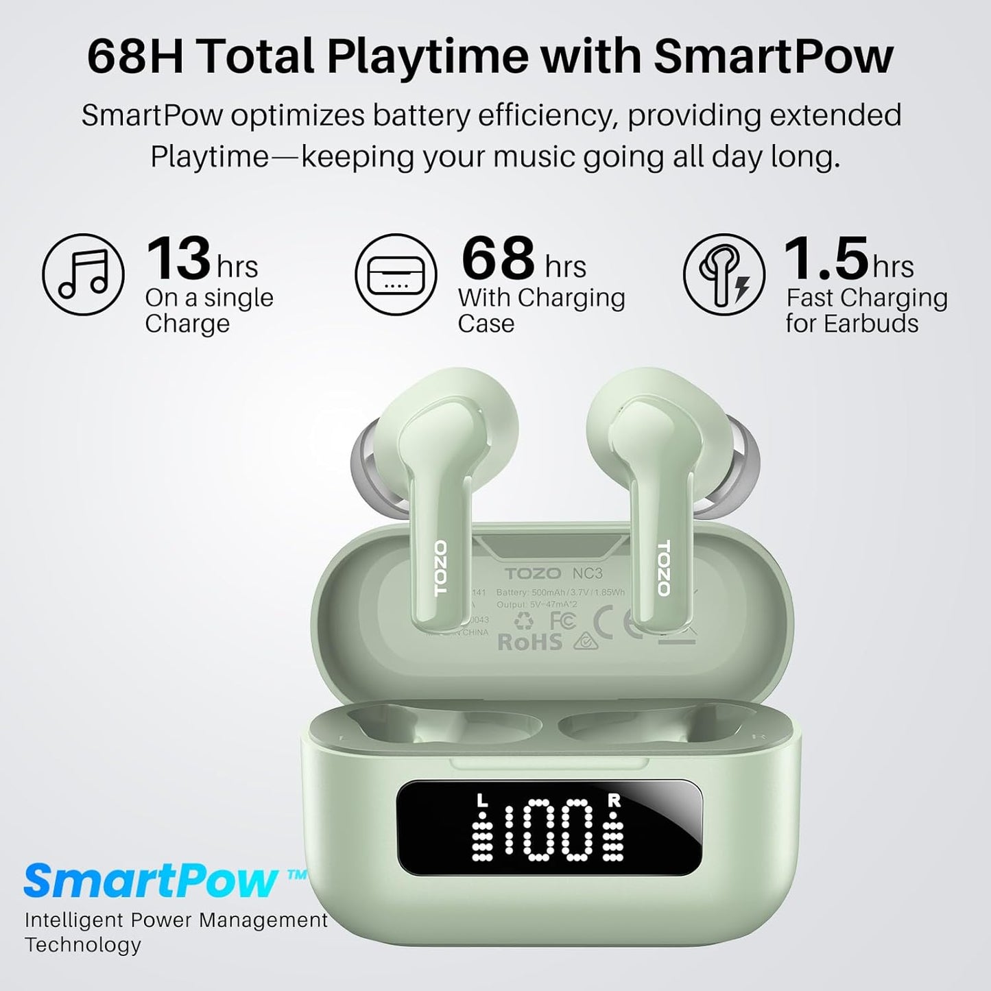 TOZO Hybrid Active Noise Cancelling Wireless Earbuds - 68H Playtime, 6 Mics, IPX8 Waterproof | Bluetooth 5.3