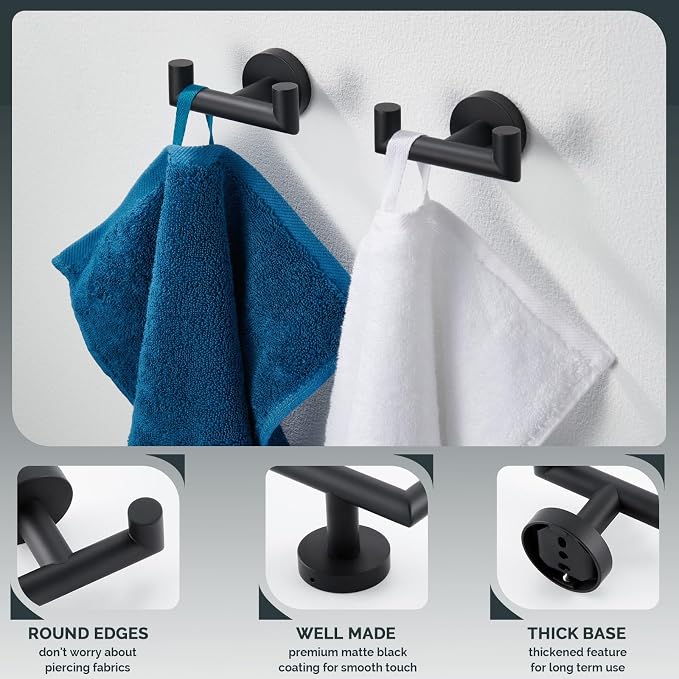 Angle Simple Double Towel Hook Matte Black 2 PCS, SUS304 Stainless Steel Bathroom Robe Hook, Hand Towel Holder for Wall