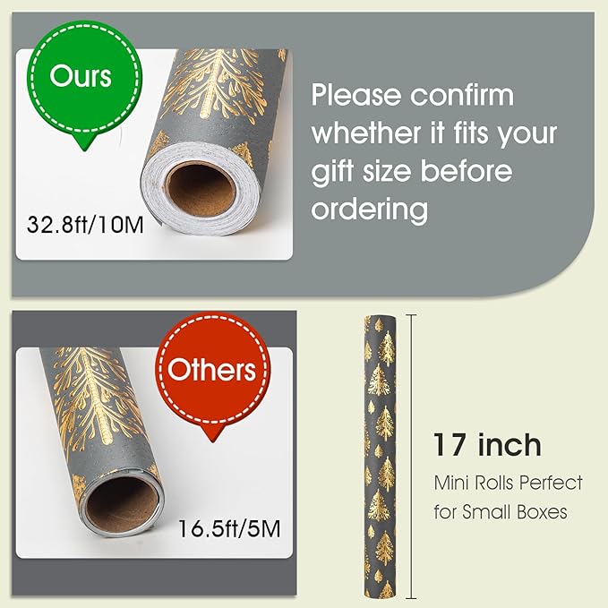 Flyhill Dark Gray Kraft Christmas Wrapping Paper,Lusury Gold 3D Embossed Foil Christmas Trees Design with Woodlands Wrap Paper for Holiday, Party,Celebration, New Year(17 Inch X 32.8 Feet)