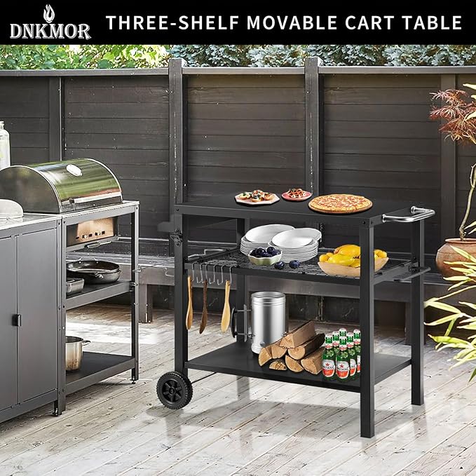 DNKMOR Dining Cart Table with Three Shelf, Movable Outdoor BBQ Grill Pizza Oven Stand with Three Hooks, Kitchen Cart Island Multifunctional Food Prep Table for Inside and Outside (Black)