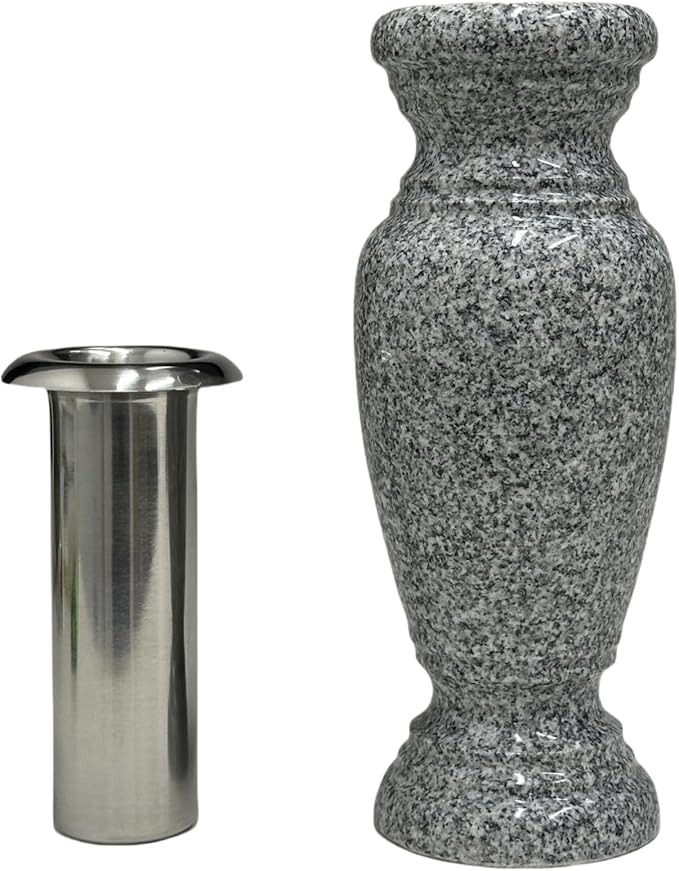 Memorial Cemetery Flower Vase - Real Granite (Grey Granite), with Stainless Steel Inner, Grave Marker, Decorations for Gravesite, Headstone Flowers Holder, Garden Lawn & Yard (4x4x10)