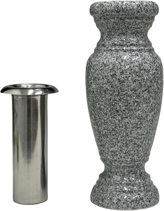 Memorial Cemetery Flower Vase - Real Granite (Grey Granite), with Stainless Steel Inner, Grave Marker, Decorations for Gravesite, Headstone Flowers Holder, Garden Lawn & Yard (4x4x10)