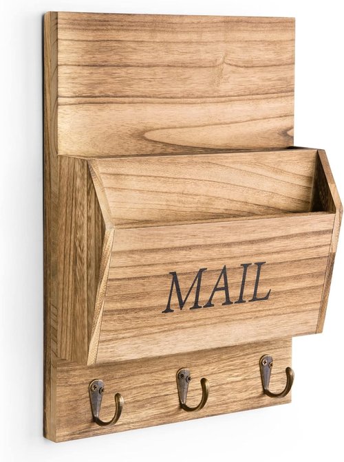 DLQuarts Mail Organizer - Wall-Mounted Wooden Mail Sorter with Key Holder & 3 Hooks | Carbonized Brown
