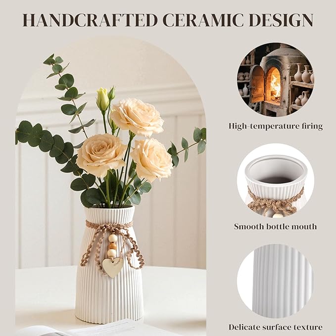 DomeStar White Flower Vase, Small Ceramic Vase Modern Home Decor with Grooves and Hanging Rope for Wedding Baby Shower Party Gift