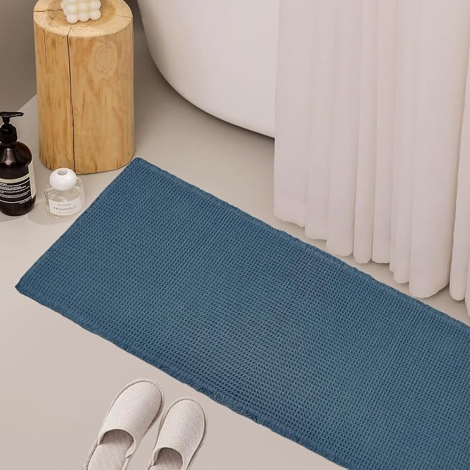ZALL Blue Waffle Bath Mat,Super Absorbent Non Slip Bathroom Rug, 24x72inch, Machine Washable Ultra Soft Floor Mats