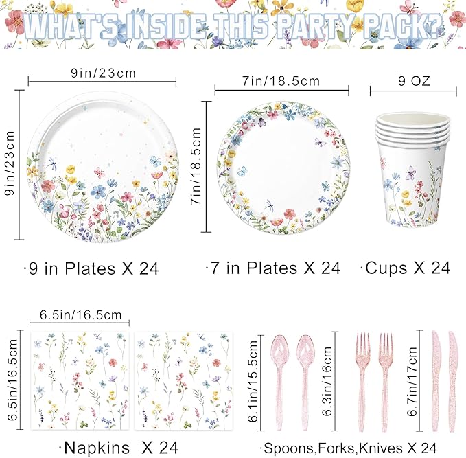 168PCS Wildflower Party Decorations Spring Floral Baby Shower Birthday Decorations Include Plates, Cups, Napkins, Cutlery for Wildflower Baby Shower Tea Decorations, Serve 24