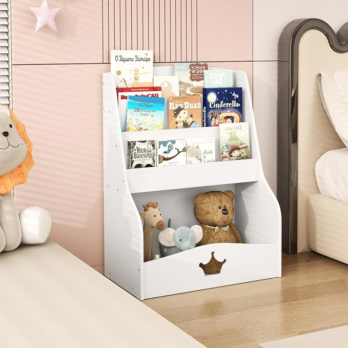 HONEY JOY Kids Bookshelf and Toy Storage, 3-Tier Wooden Toddler Bookcase, Children Book Rack, Large Storage Cubby Cabinet, Book Shelf for Kids Rooms, Playroom, Nursery, Classroom, White