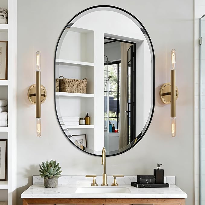 POZINO Oval Beveled Mirror, 24"x36" Bathroom Vanity Mirror Over Sink, Pill Shaped Capsule Wall Mounted Mirrors, Modern Oblong Mirrors for Living Room Bedroom Entryway, Hangs Vertically or Horizontally
