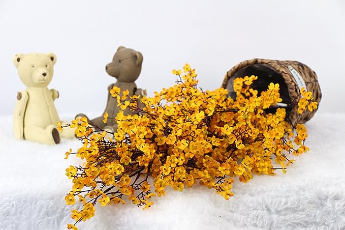 10pcs Babys Breath Artificial Flowers With Vase Gypsophila Bouquet Bulk Fake Spring Silk Flowers Real Touch Faux Floral for Home Kitchen Garden Wedding Christmas Decor (Yellow Orange With Vase)