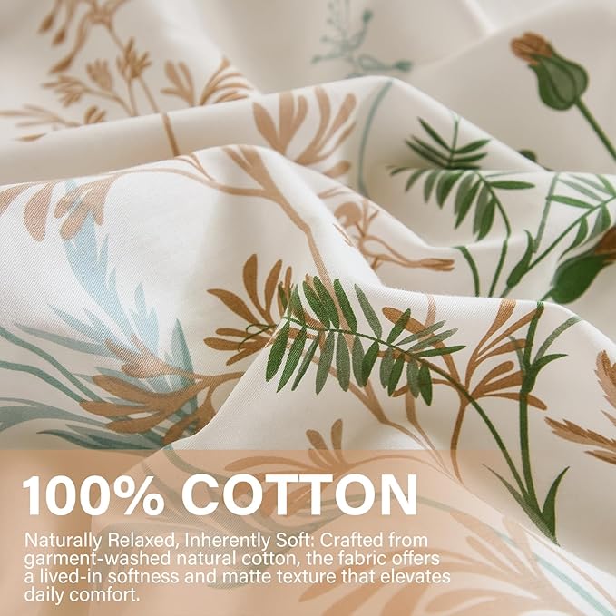 100% Cotton Duvet Cover King Size Ultra Soft Green Floral Comforter Cover with Luxurious Tan & Green Leaves on White, Reversible Lightweight Floral Duvet Cover Sets