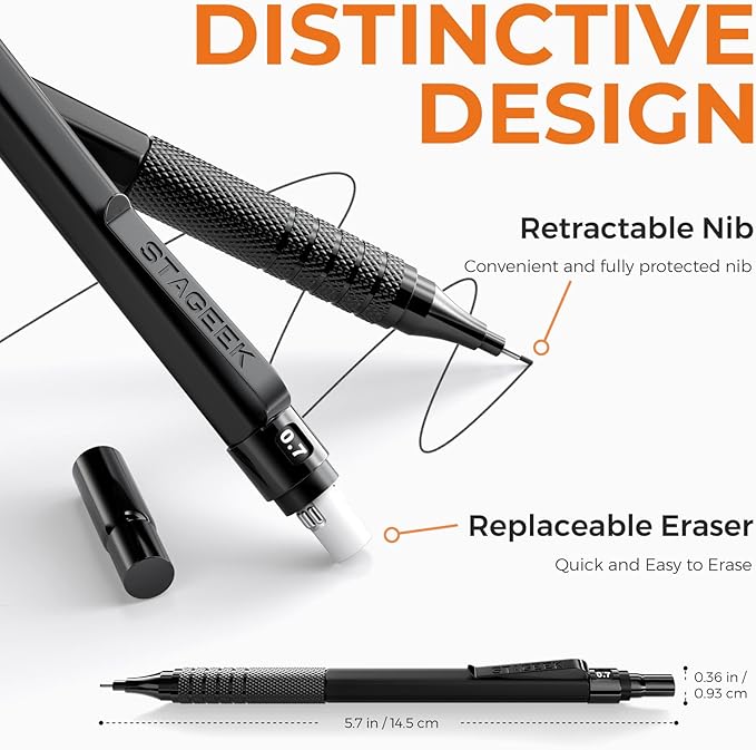 STAGEEK 35PCS Black Art Mechanical Pencil Set in Case，0.5 0.7 0.9 2.0 Graphite Metal Drawing Drafting Pencils, Sharpener Erasers 384PCS Lead Refills (6B 4B 2B HB 2H 4H Colors) for Writing Sketching