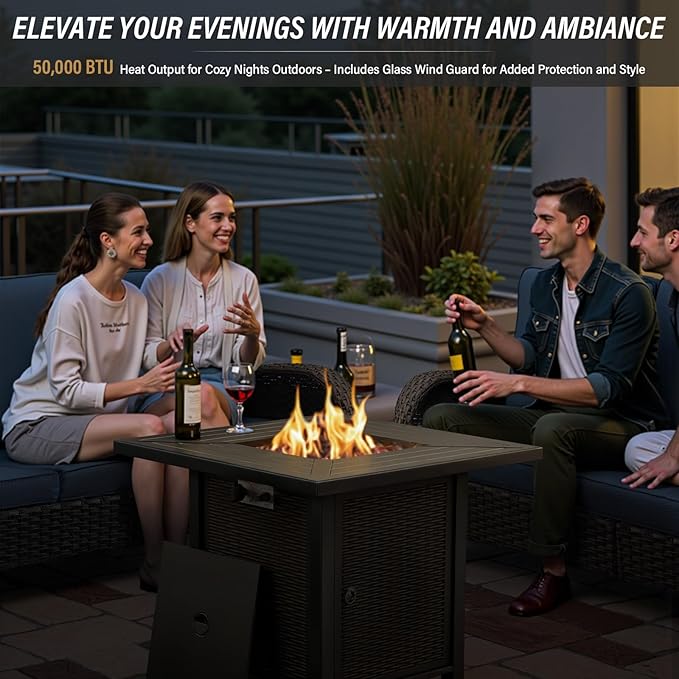 Belord 30 Inch CSA Listed Propane Fire Pit Table - 50000 BTU Square Outdoor Fire Pit Table with Lid and Lava Rock for Patio Backyard Deck and Outdoor Gatherings