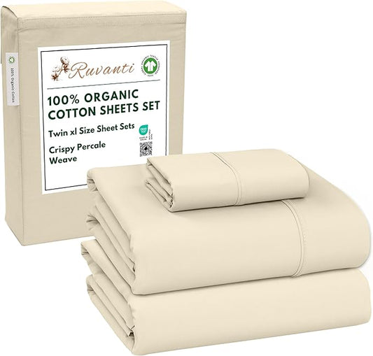 RUVANTI 100% Organic Cotton Sheets Twin XL, Percale Weave, GOTS Certified, 3-Piece Set, Deep Pocket 15", Crisp & Breathable, Soft Durable Bedding, Sábanas Algodón Orgánico – Cloud Cream