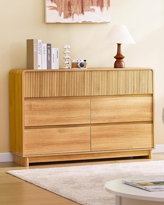 AOGLLATI Mid Century Modern 6 Drawer Dresser for Bedroom, 47" Wide Wood Fluted Double Dressers & Chests of Drawers with Curved Profile Design for Bedroom,Wood