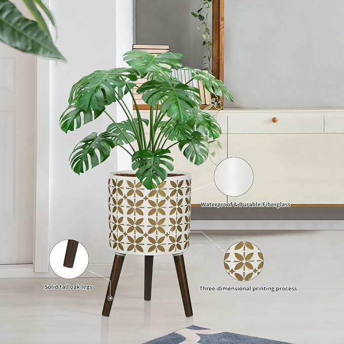 10 Inch Planter with Stand, Modern Plants Pot for Indoor Plants with Legs, Large Planter Pot with Drainage Holes for Outdoor,White/Gold