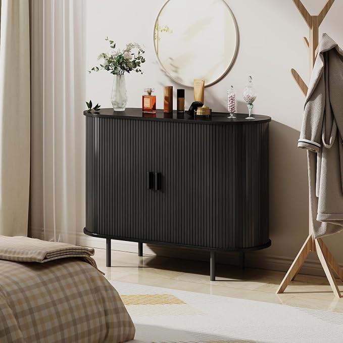 Buffet Sideboard Cabinet with Storage, 40" Fluted Cabinet with Sliding Door & Adjustable Shelf, Modern Accent Coffee Bar Console Table for Kitchen, Entryway, Black
