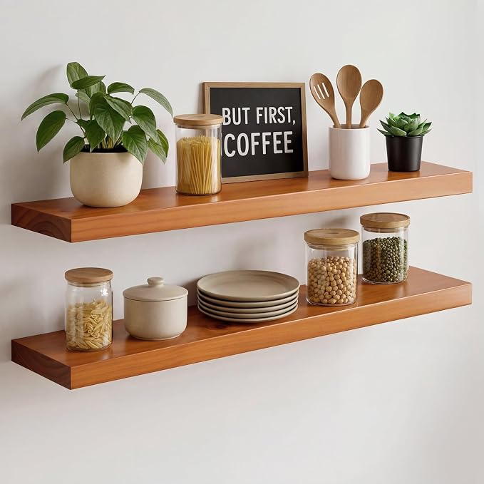 Homeforia Oak Floating Shelves 30 inch Long, High End Solid Real Wood 30inch Floating Shelves for Wall Mounted, Honey Oak Wooden 30in Floating Shelf, Heavy Duty Bracket, 30 X 6.5 X 1.75 in, Set of 4