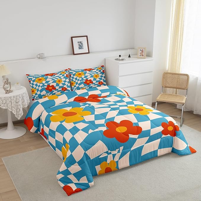 Castle Fairy Kids Vintage Groovy Daisy Flowers Bedding Set for Boys Girls,Abstract Blue Plaid All Season Cozy Comforter Set Home Decor,70s Hippie Floral Duvet Set for Chic Birthday Gift, Full Size