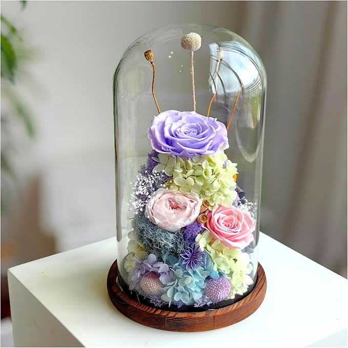Flowers for Delivery - Forever Flowers Rose in Glass Dome with LED Lights, Large Size Preserved Roses Gifts for Women, Mom, Wife, Friend -Birthday, Anniversary, Valentine's Day Gift (Purple+Pink)