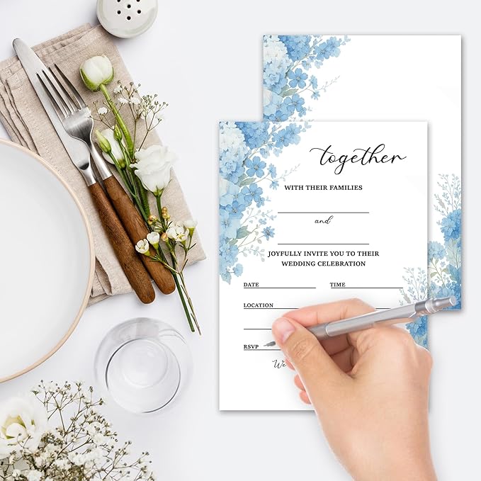 Dusty Blue Floral Wedding Invitations, 5"x 7" Elegant Wedding Invites Card With Envelopes, 25 PCS for Party Decorations and Supplies - A15