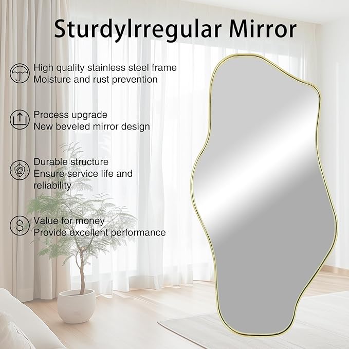 Irregular Wall Mirror, 47.2"x21.5" Asymmetrical Mirror with Gold Metal Frame, Organic Shaped Mirrors for Living Room Bedroom Hallway Entryway Fireplace, Hangs Vertically or Horizontally