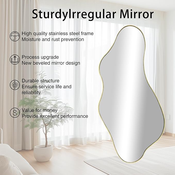 Large Irregular Wall Mirror, 63"x29.2" Asymmetrical Full Length Mirror with Gold Metal Frame, Organic Shaped Mirrors for Living Room Bedroom Hallway Entryway, Horizontal or Vertical Hanging