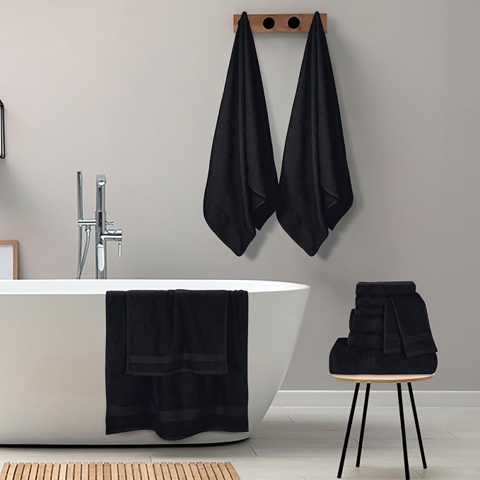 GLAMBURG Ultra Soft 24-Piece Towel Set - 100% Pure Ringspun Cotton, Contains 8 Oversized Bath Towels 27x54, 8 Hand Towels 16x28, 8 Wash Cloths 13x13 - Ideal for Everyday use, Hotel & Spa - Black