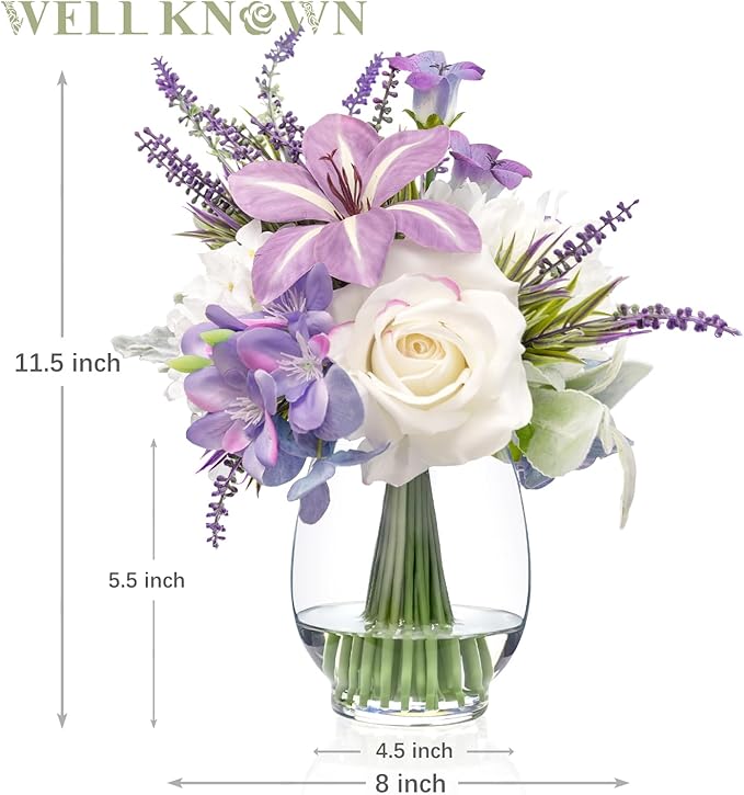 WELL KNOWN Fake Flowers in Vase Artificial Flowers with Fake Water, Real Touch Faux Silk Rose & Blooming Tulips Spring Flower with Lavender Arrangements for Table Decor (White Purple)