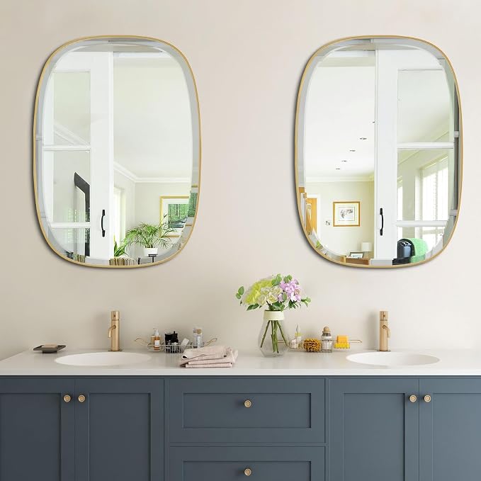 POZINO Bathroom Beveled Mirror, 32"x24" Brushed Gold Vanity Mirrors with Stainless Steel Frame, Rectangle Aesthetic Wall Mirror for Entryway Hallway Bedroom Living Room, Horizontal or Vertical Hanging