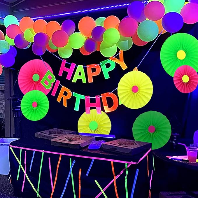 Neon 'Happy Birthday' Banner, UV Glow Party Supplies & Decorations, Neon Color, Letter Print, 118.08 x 8.7 Inches, Birthday Occasion