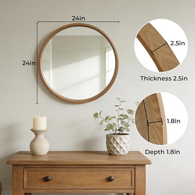 WallBeyond 24 Inch Natural Round Wood Mirror, Circle Wooden Frame Wall Mirror for Bathroom, Living Room, Bedroom, Entryway